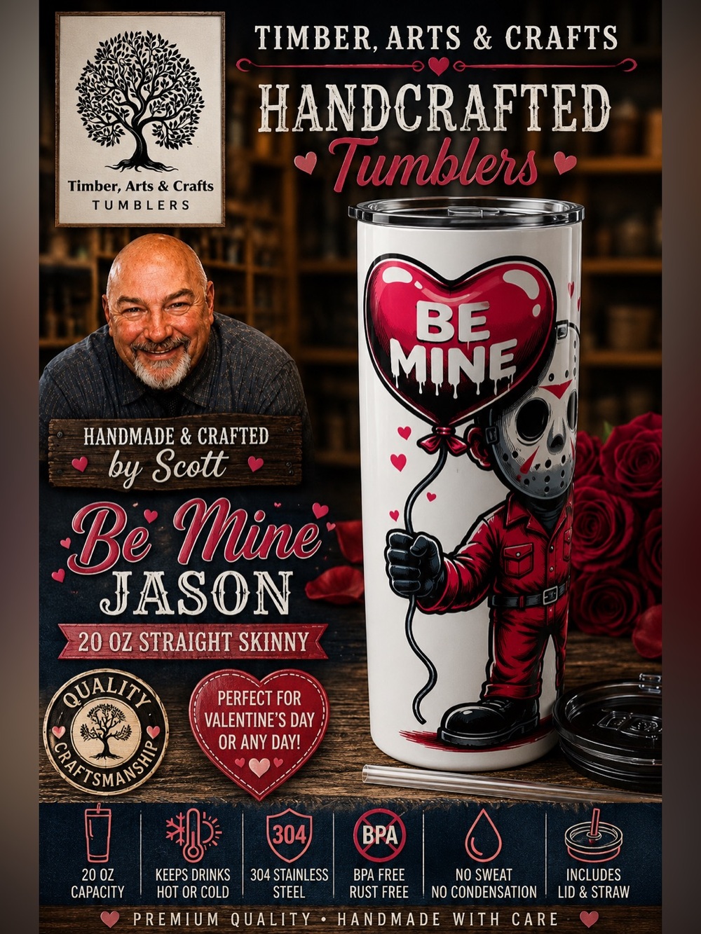 - “Be Mine” Jason 20 oz Straight Skinny
Tumbler with Plastic Lid and Str…
